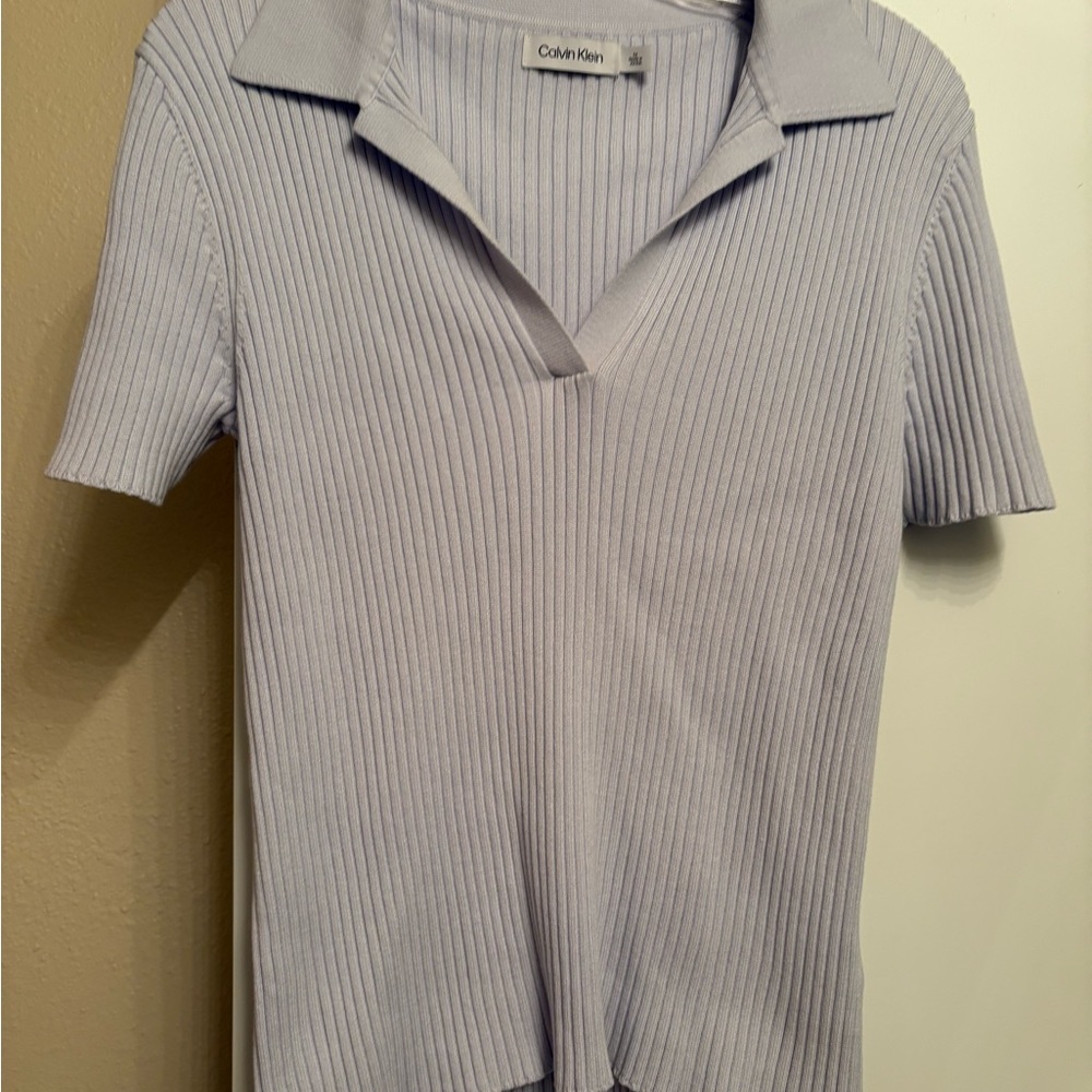 NWOT Calvin Klein Light Blue short sleeve v neck Ribbed Top